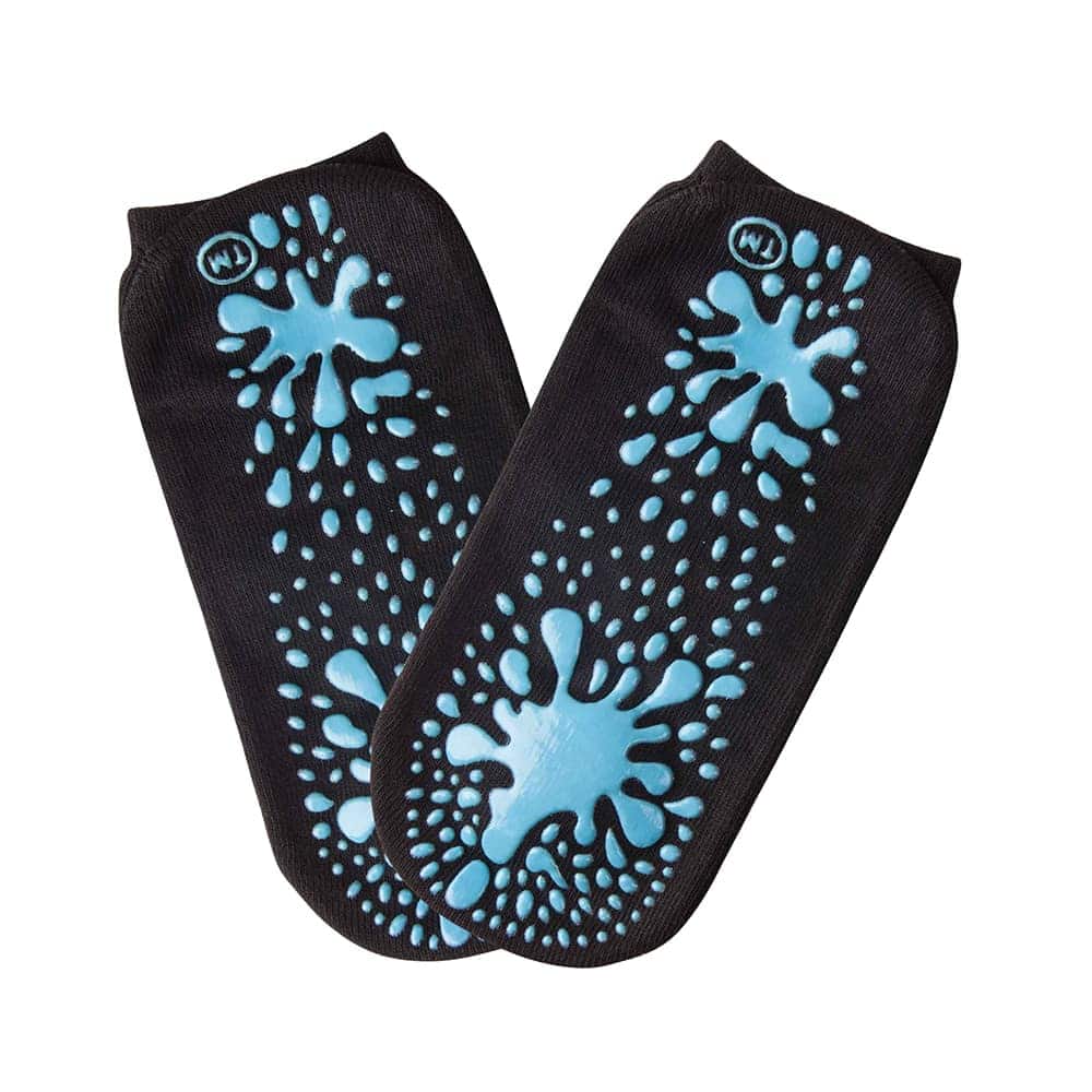 A pair of black Wholesale Promotex Trampoline Socks with blue non-slip grip patterns on the soles, ideal for trampoline activities.