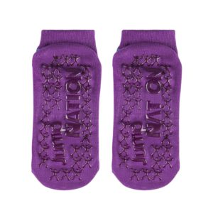 Pair of purple Altitude Trampoline Park Socks, Waterproof Trampoline Socks with grip patterns and "jump nation" text.