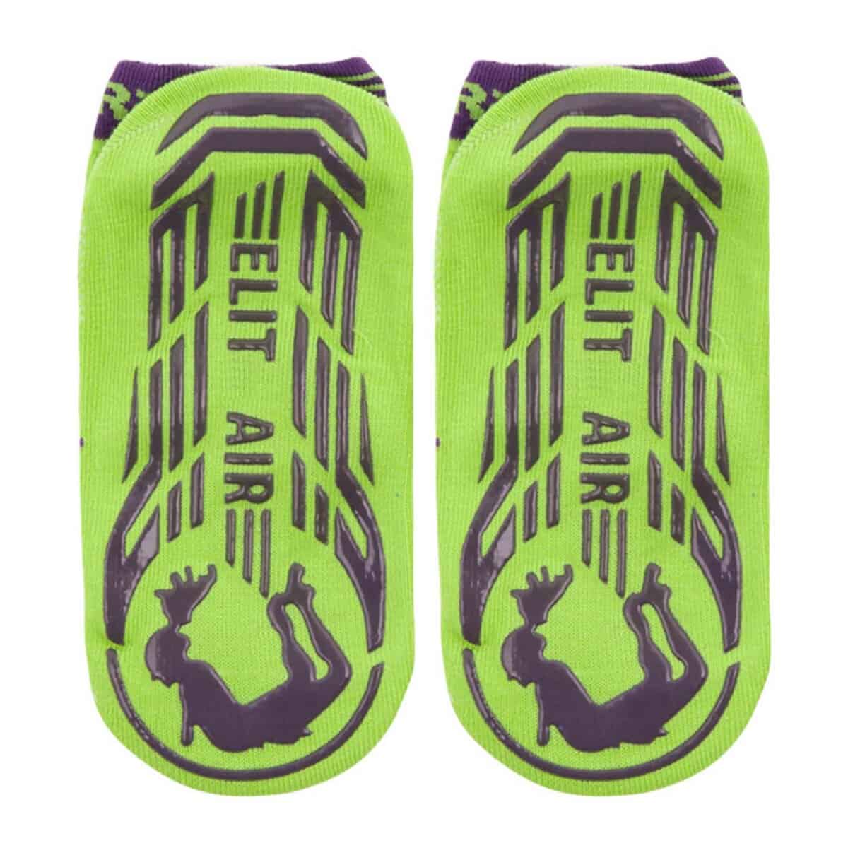 A pair of neon green and purple goalkeeper gloves with printed grip textures and the Best Trampoline Socks Wholesale branding.