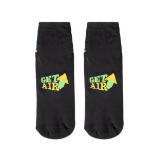 A pair of Non Slip Trampoline Socks in black with the text "get air" and a yellow arrow graphic on each.