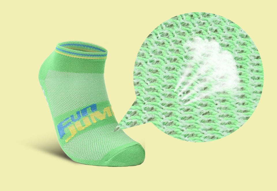 A green ankle sock with a blue and yellow pattern is shown, featuring a close-up of its fabric texture.