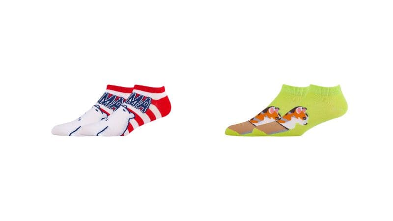 Discover Sinoknit's vibrant socks: one with red stripes and a polar bear, the other in lime green featuring corgis. Stylish and playful!
