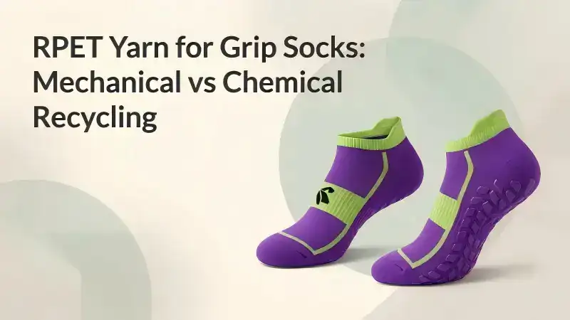 Close-up of purple and green grip socks made from RPET yarn, highlighting the texture and design for mechanical and chemical recycling comparison.