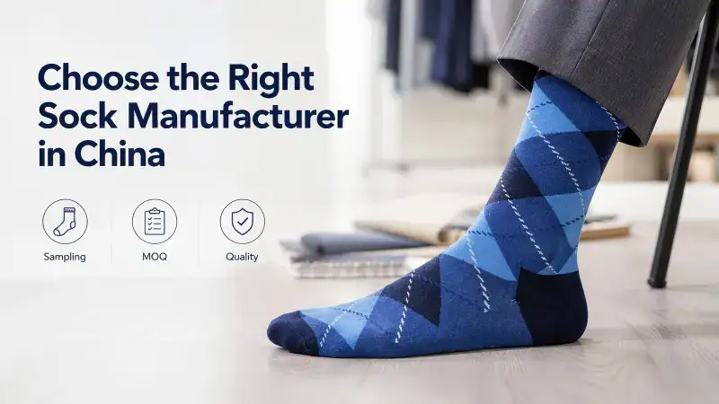 Close-up of a person wearing blue argyle socks, emphasizing sock quality and manufacturing options in China.