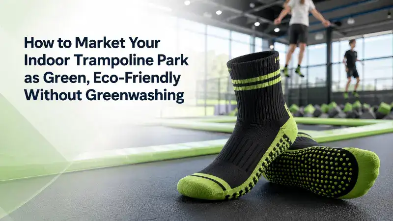 Close-up of eco-friendly black and green athletic socks on trampoline park floor with children jumping in background.
