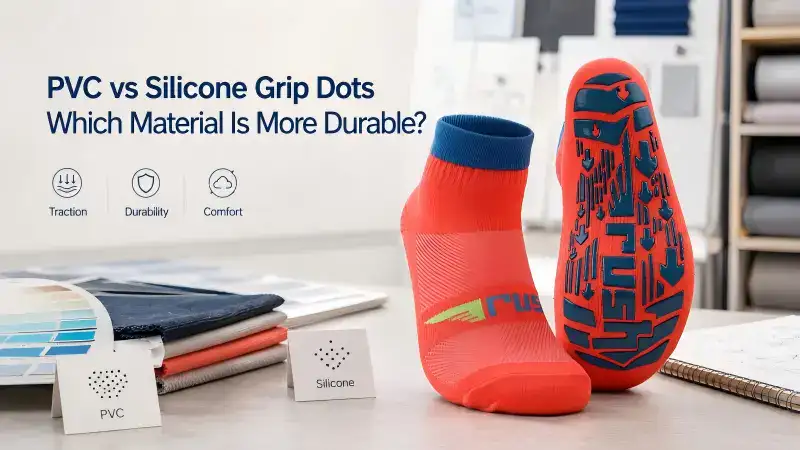 Close-up of trampoline grip socks with PVC and silicone grip dots, highlighting durability and traction features for safe bouncing.
