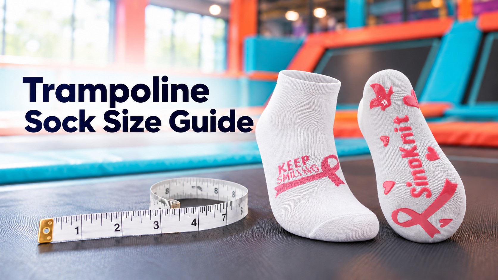Close-up of Sinoknit trampoline socks with size measurement tape on trampoline surface, highlighting sock size testing and labeling.