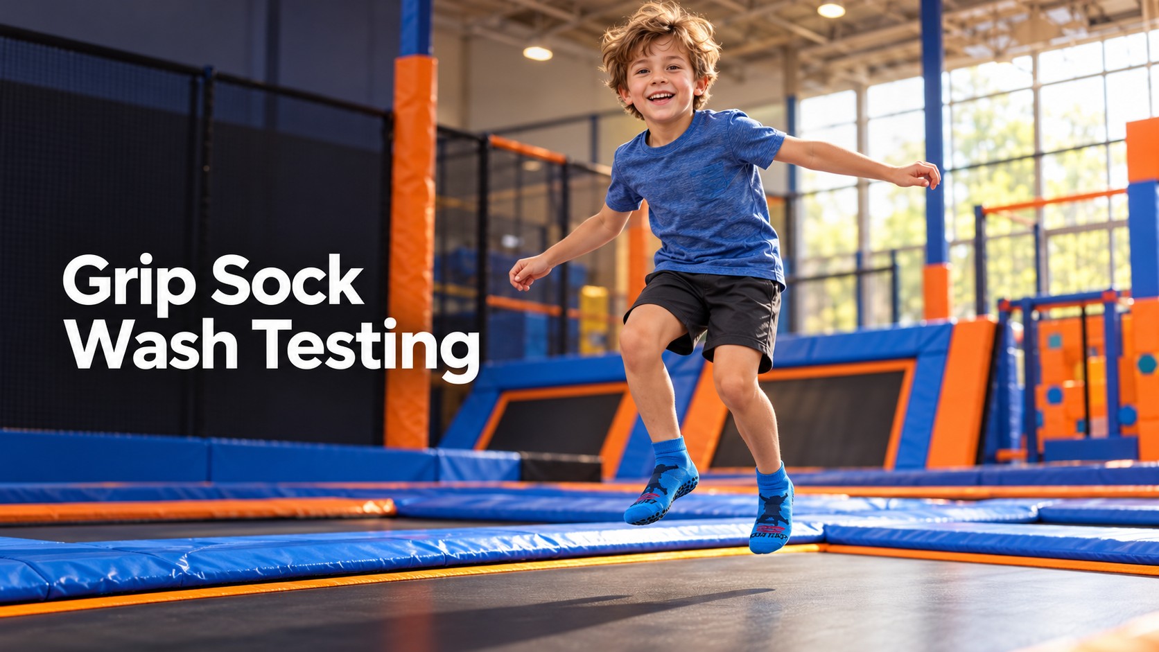 Child jumping on a trampoline in grip socks
