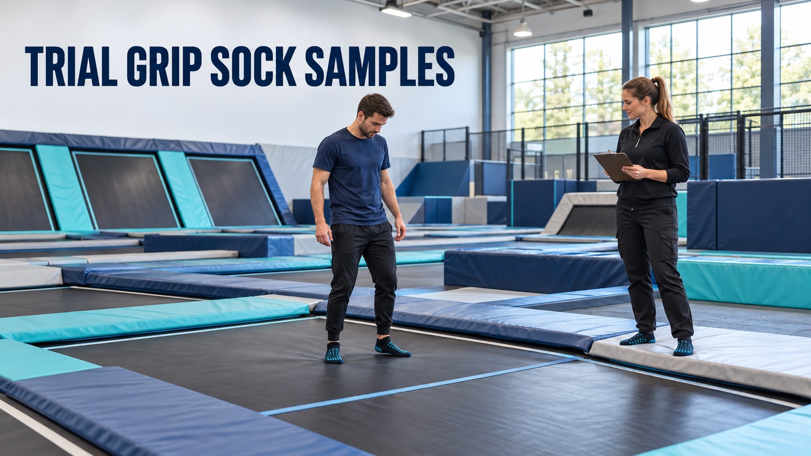 Testing grip sock samples on trampoline beds
