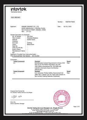 Intertek test report for Ningbo Sinoknit knitted socks, REACH and CPSIA pass, 2018